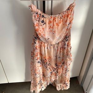 Ramy brook strapless orange blue floral dress with ruffles. Size large.